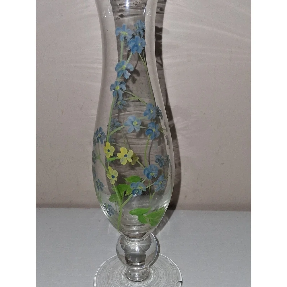Vintage Hand Painted Glass Bud Vase Forget Me Not Flowers Ruffled Rim 7.5